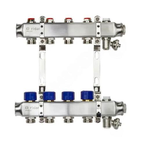 Коллекторная группа SSM-R без расходомеров, с кронштейнами, ручными воздухоотводчиками, сливными кранами и торцевыми заглушками, Ридан