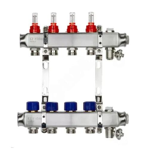 Коллекторная группа SSM-RF с расходомерами, кронштейнами, ручными воздухоотводчиками, сливными кранами и торцевыми заглушками, Ридан